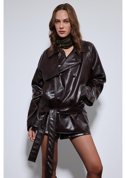 Kahve Suni Deri Kemerli Trençkot fırsatları