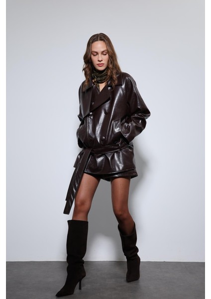 Kahve Suni Deri Kemerli Trençkot indirimleri