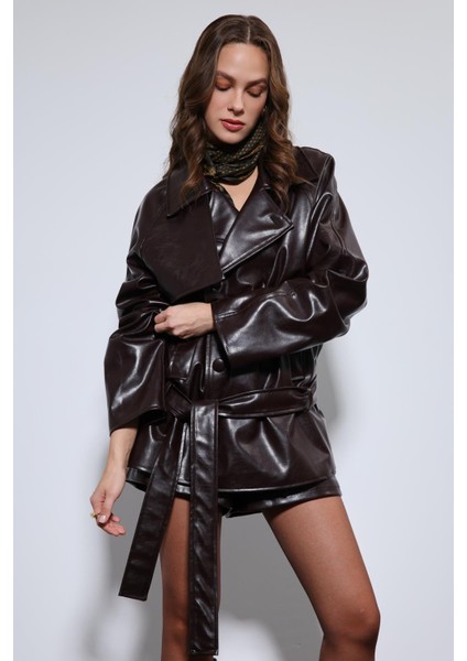 Kahve Suni Deri Kemerli Trençkot