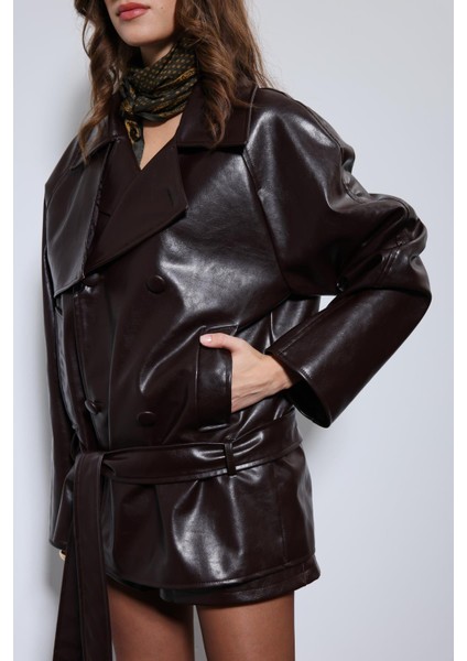 Kahve Suni Deri Kemerli Trençkot