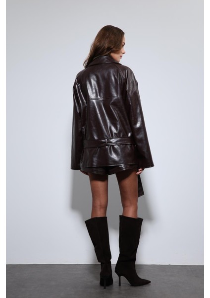 Kahve Suni Deri Kemerli Trençkot