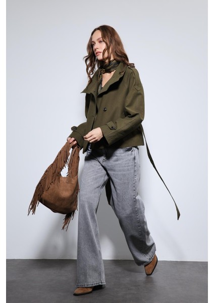 Haki Dik Yaka Kruvaze Trençkot