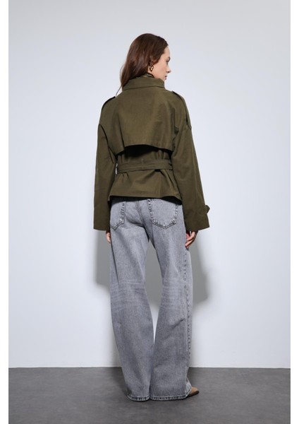 Haki Dik Yaka Kruvaze Trençkot