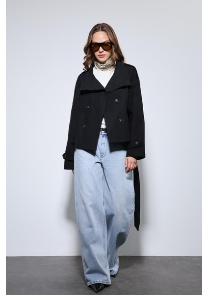 Siyah Dik Yaka Kruvaze Trençkot