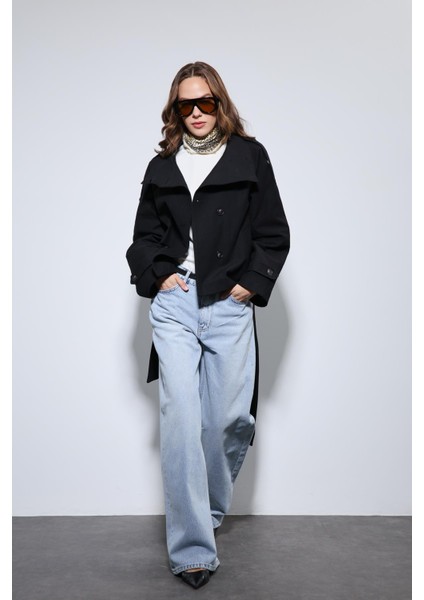 Siyah Dik Yaka Kruvaze Trençkot