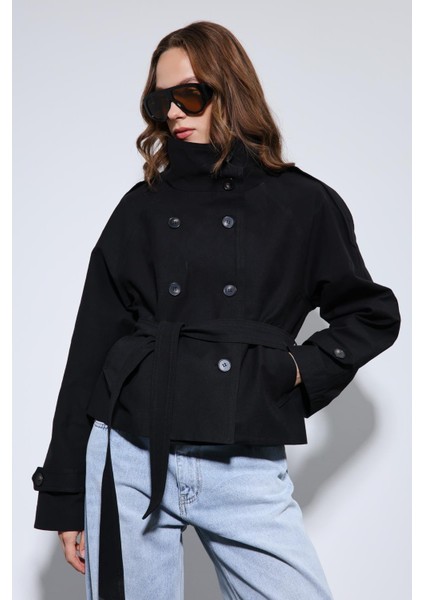 Siyah Dik Yaka Kruvaze Trençkot