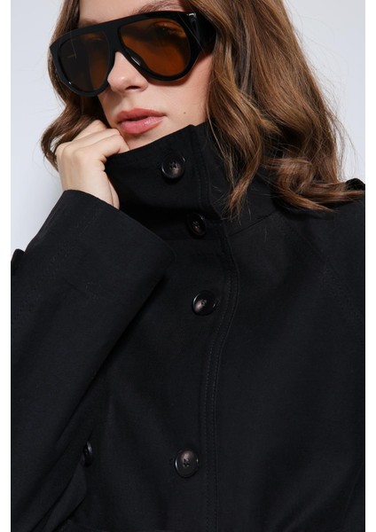 Siyah Dik Yaka Kruvaze Trençkot