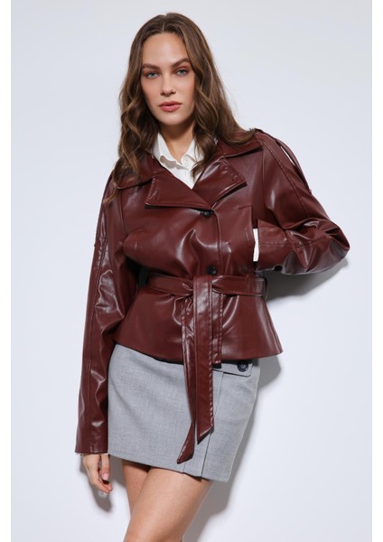 Bordo Kemerli Suni Deri Mont modelleri