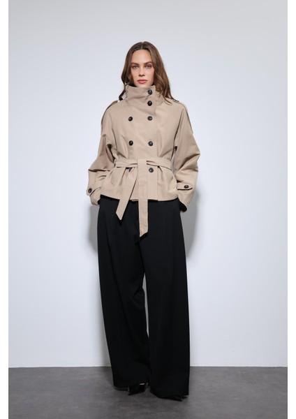 Bej Dik Yaka Kruvaze Trençkot