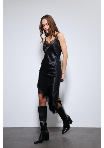 Siyah Asimetrik Dantel Elbise indirimleri