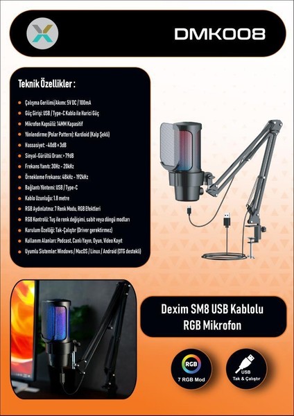 DMK008 Rgb Gaming Masa Standlı Profesyonel Oyuncu ve Yayıncı Mikrofonu indirimleri