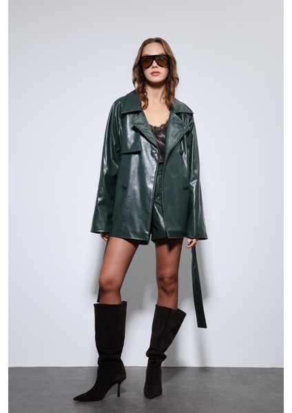 Yeşil Suni Deri Kemerli Trençkot