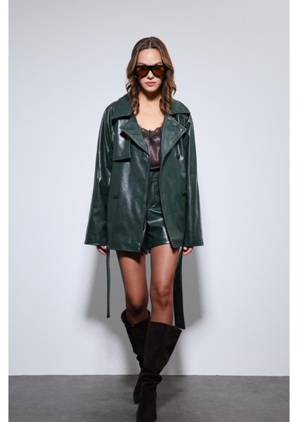Yeşil Suni Deri Kemerli Trençkot fiyatları