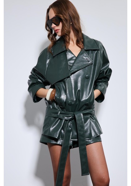 Yeşil Suni Deri Kemerli Trençkot fırsatları