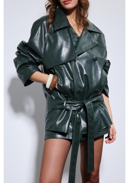 Yeşil Suni Deri Kemerli Trençkot indirimleri