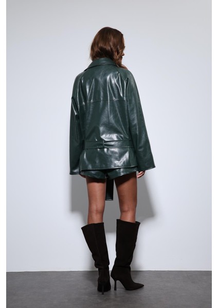 Yeşil Suni Deri Kemerli Trençkot
