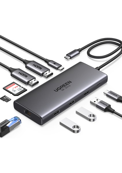 Revedok Pro 210 10-In-1 Type-C Giriş 2xusb-A 2.0, 1xusb-A 3.0, 2xusb-C, 2xhdmı 8k/4k, Sd, Tf, RJ45, 15534