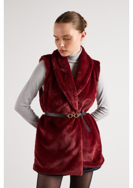 Kadın Bordo Kemerli Astarlı Kürk Yelek 30094