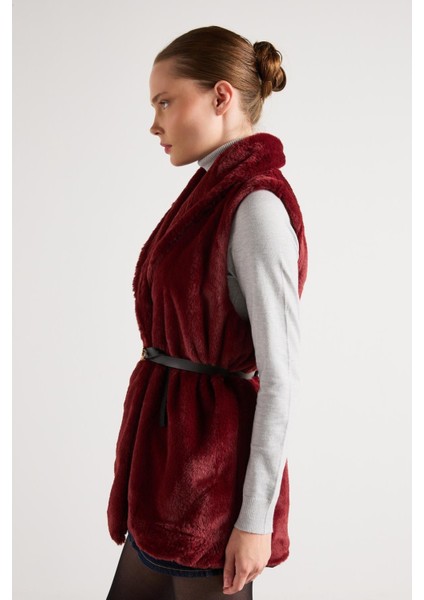 Kadın Bordo Kemerli Astarlı Kürk Yelek 30094 modelleri