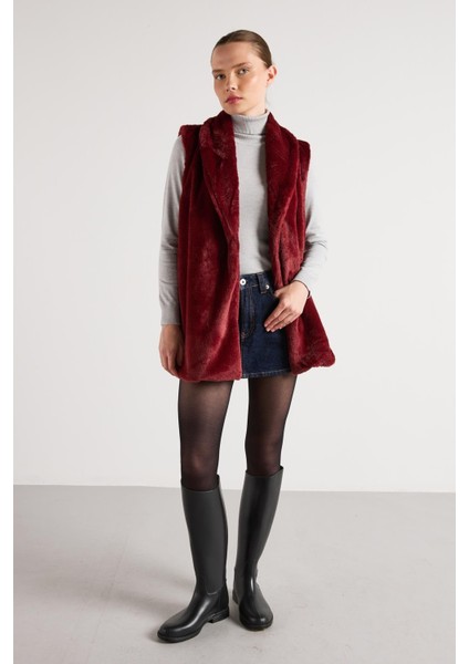 Kadın Bordo Kemerli Astarlı Kürk Yelek 30094