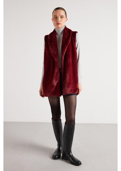 Kadın Bordo Kemerli Astarlı Kürk Yelek 30094