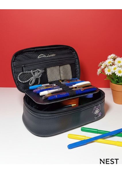 Kuromi Baskılı Sunii Deri Lüks Siyah Kalem Kutusu Kalemlik Kırtasiye Okul fırsatları