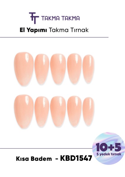 15'li Ten Rengi Kısa Badem KBD1547 Tekrar Kullanılabilir El Yapımı Protez Takma Tırnak - Ten Rengi-M