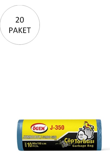 J-350 Jumbo Boy Çöp Torbası 80 x 110 cm 10 Lu Rulo x 20 Paket = 200 Adet (Mavi)