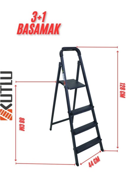 3+1 Basamaklı Katlanır Sac Merdiven – Dayanıklı Çelik Gövde, Kaymaz Basamaklı, Ev ve Ofis Kullanımına Uygun