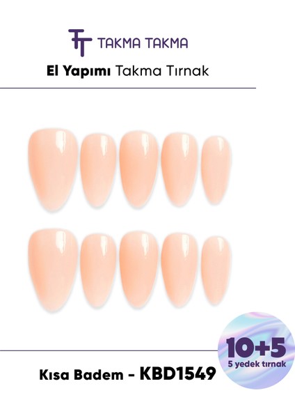 15'li Ten Rengi Kısa Badem KBD1549 Tekrar Kullanılabilir El Yapımı Protez Takma Tırnak - Ten Rengi-XS