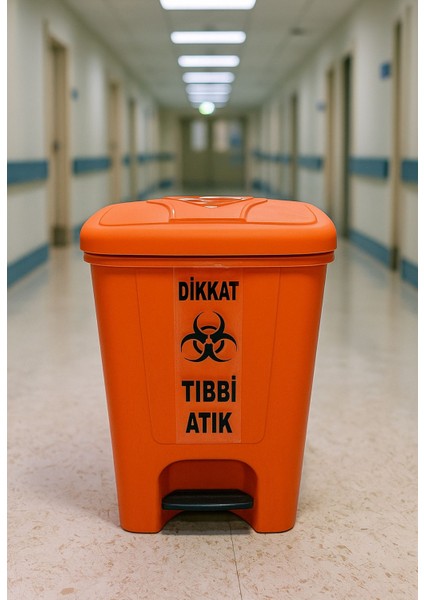 Tıbbi Atık Kutusu 25 Lt Pedallı Çöp Kutusu Turuncu Renk