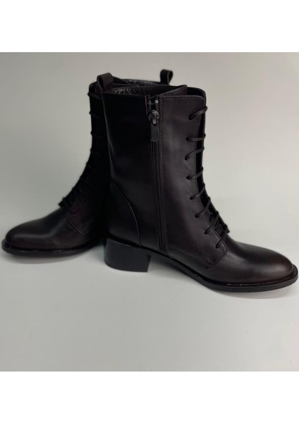 Kadın Hakiki Deri Bağcıklı ve Fermuarlı Kahverengi Bot