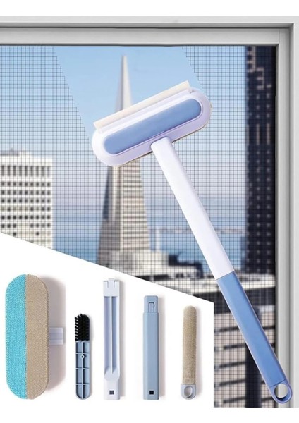 4in1 Arada Portatif Saplı Cam ve Yüzey Temizleyici – Kauçuk Bıçaklı, Evcil Hayvan Tüyü Toplayıcı, Fayans Fırçası ve Çekçek Fonksiyonlu Çok Amaçlı Temizlik Aracı | T10
