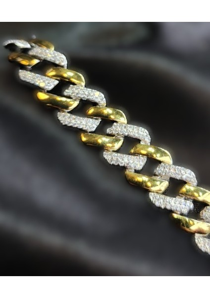 925 Ayar Gümüş Gold ve Gümüş Zirkon Taşlı Zincir Bileklik