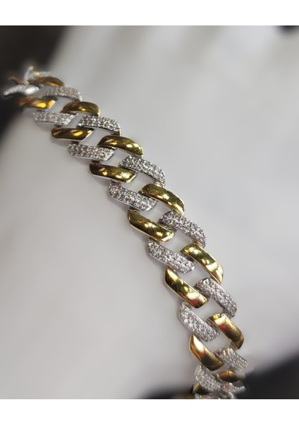 925 Ayar Gümüş Gold ve Gümüş Zirkon Taşlı Zincir Bileklik fiyatları