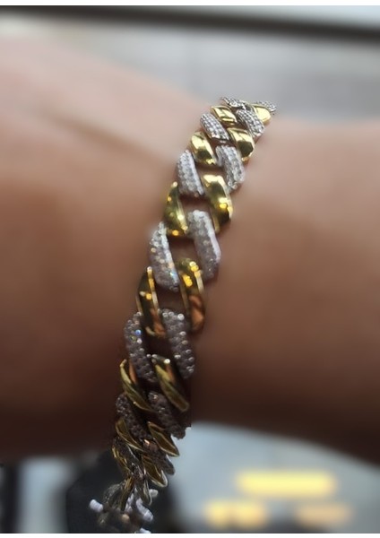 925 Ayar Gümüş Gold ve Gümüş Zirkon Taşlı Zincir Bileklik indirimleri