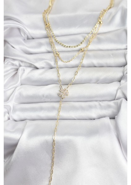 Bfs Pirinç Gold Renk Zirkon Taşlı Çiçek Model Detaylı 3'lü Kombin Y Kadın Kolye fiyatları