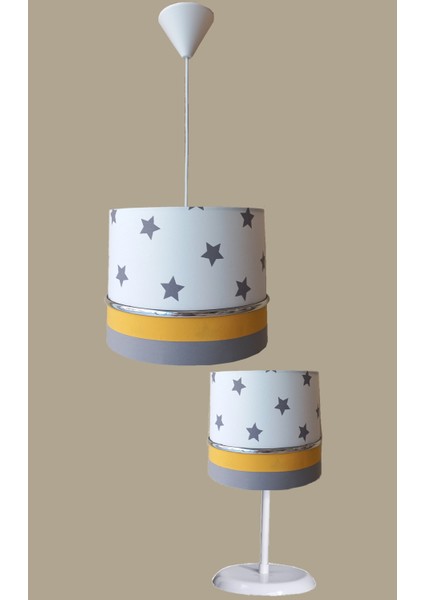 Beyaz Yıldızlı Sarı 2.li Set M-0385 Kumaş Kaplama Genç ve Çocuk Odası Avize ve Abajur Takımı