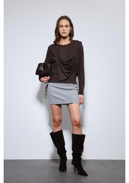 Kahve Drapeli Şal Detaylı Top