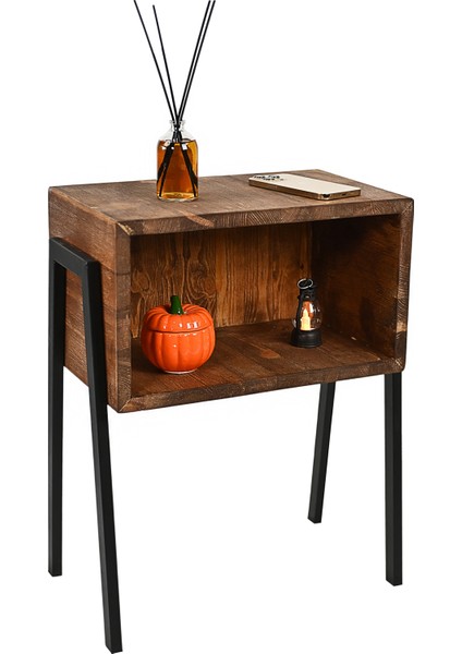 Rustik Ceviz Gece Masası, Metal Ayaklar, Komodin, Çam Massif Ahşap, Yatak Odası Komodin