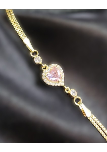 925 Ayar Gümüş Gold Renk Pembe Zirkon Taşlı Bileklik