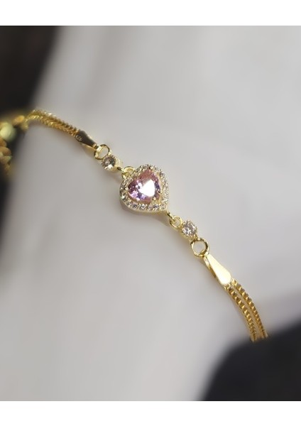 925 Ayar Gümüş Gold Renk Pembe Zirkon Taşlı Bileklik fiyatları