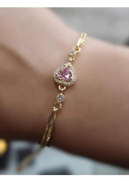 925 Ayar Gümüş Gold Renk Pembe Zirkon Taşlı Bileklik fırsatları