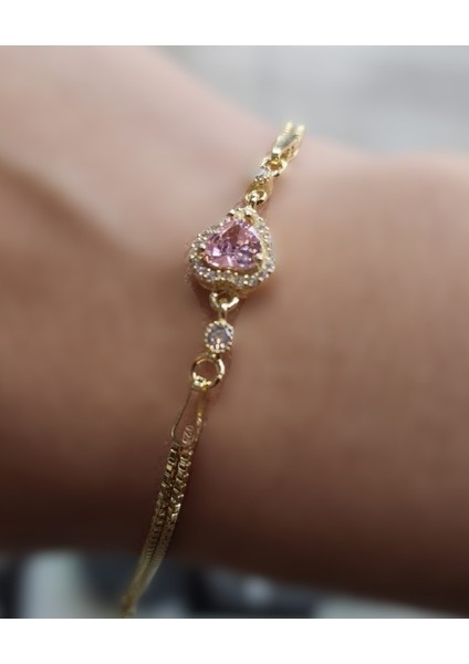 925 Ayar Gümüş Gold Renk Pembe Zirkon Taşlı Bileklik indirimleri