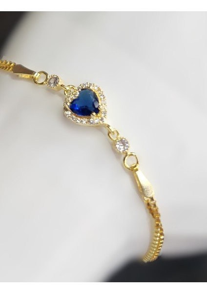 925 Ayar Gümüş Gold Renk Mavi Zirkon Kalp Bileklik