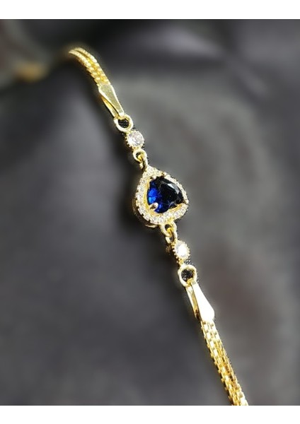 925 Ayar Gümüş Gold Renk Mavi Zirkon Kalp Bileklik fiyatları