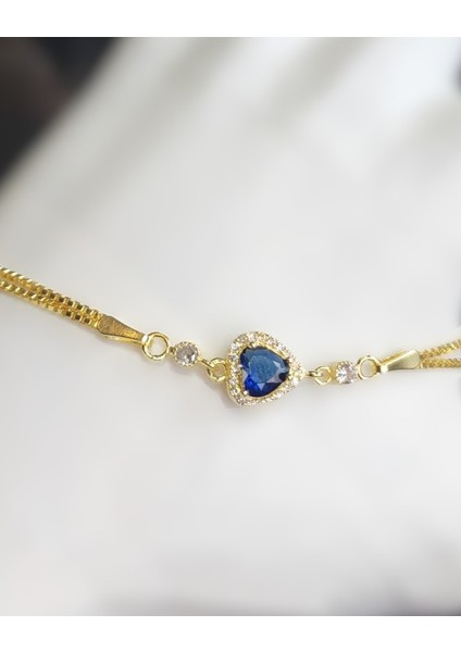 925 Ayar Gümüş Gold Renk Mavi Zirkon Kalp Bileklik modelleri