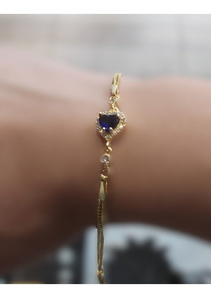925 Ayar Gümüş Gold Renk Mavi Zirkon Kalp Bileklik fırsatları