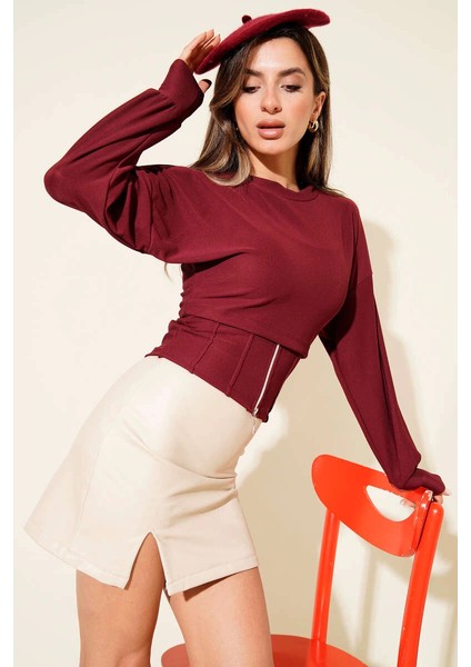 Mtxdpn Fitilli Bisiklet Yaka Ikili Bluz Bordo T4341 (Beden: L)