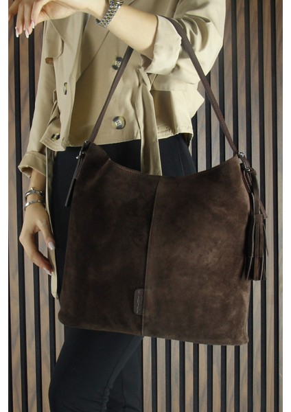 Kahve Hakiki Dana Süet Püsküllü Manyetik Kapaklı Büyük Boy Günlük Omuz Çantası ve El Çantası fiyatları